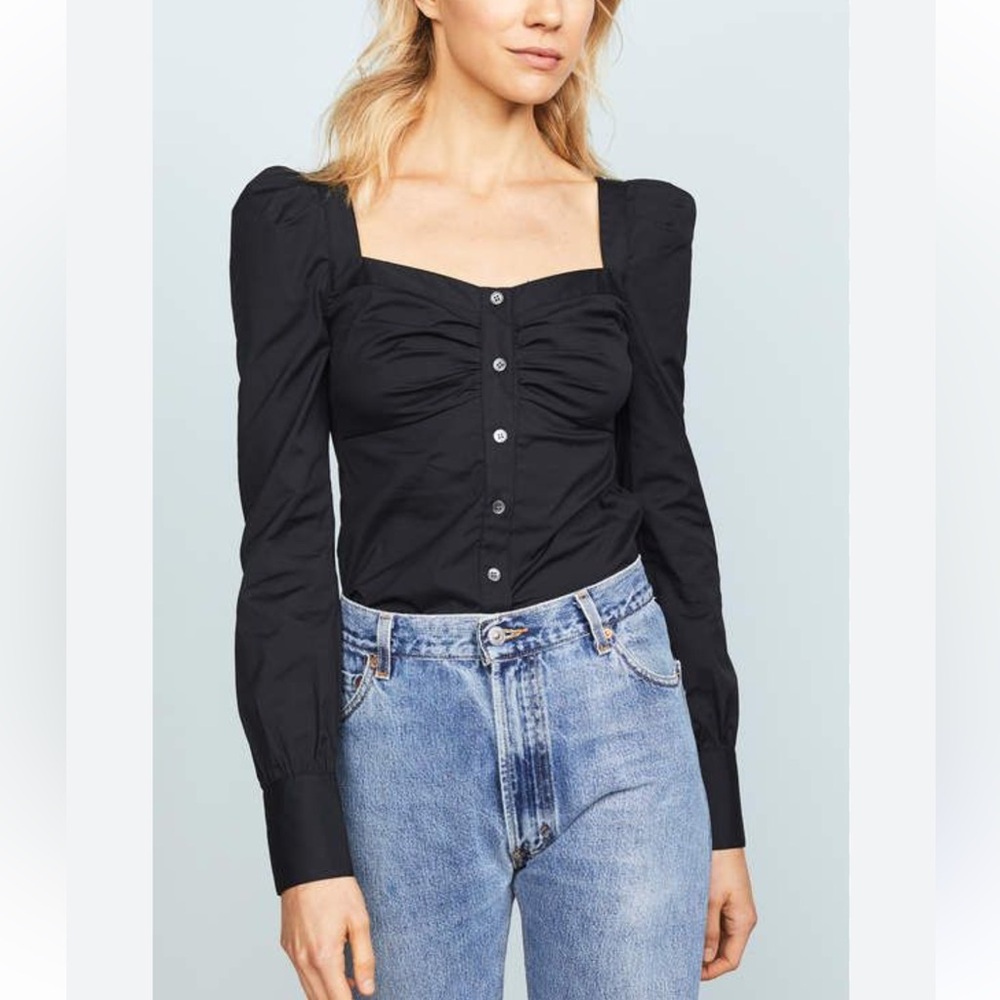 Veronica Beard Frankie Top Puff Shoulders button down black